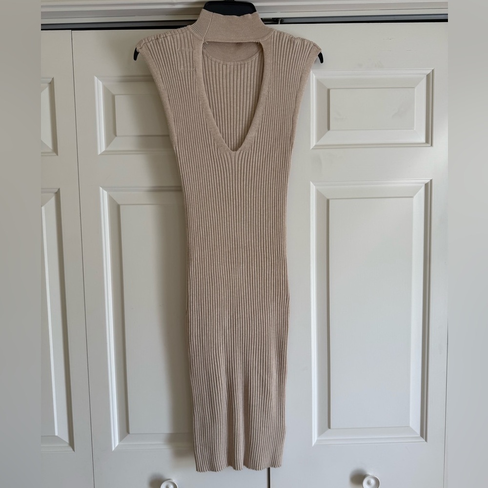 Tan Ribbed Sheath Dress Mock Neck - Picture 2 of 9
